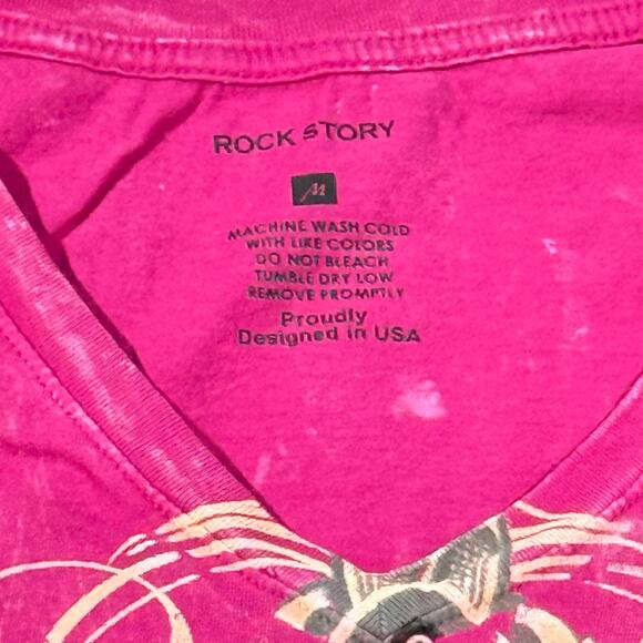 Vintage Y2K Pink Grunge Goth Affliction Style Top Rhinestones Cross AOP Size M - Picture 3 of 7